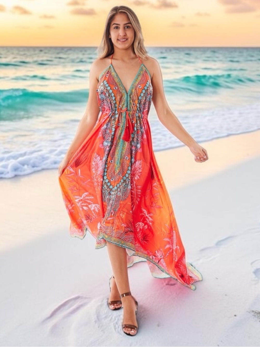 Ranee’s Coral Pink Hawaii Halter Maxi Dress One Size Resort Vacation-NWOT
